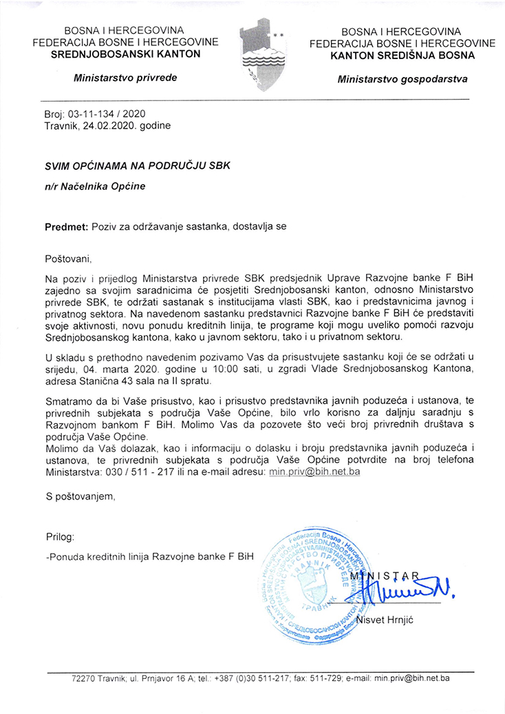 Poziv za održavanje sastanka općinama