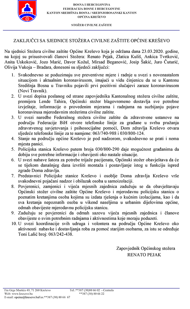 Zaključci Stožera CZ Kre&scaron;evo 23.III 2